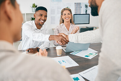 Buy stock photo Handshake, finance and accounting with a diversity couple talking to a financial consultant during a meeting. Thank you, money and investment with a man and woman in discussion with an advisor