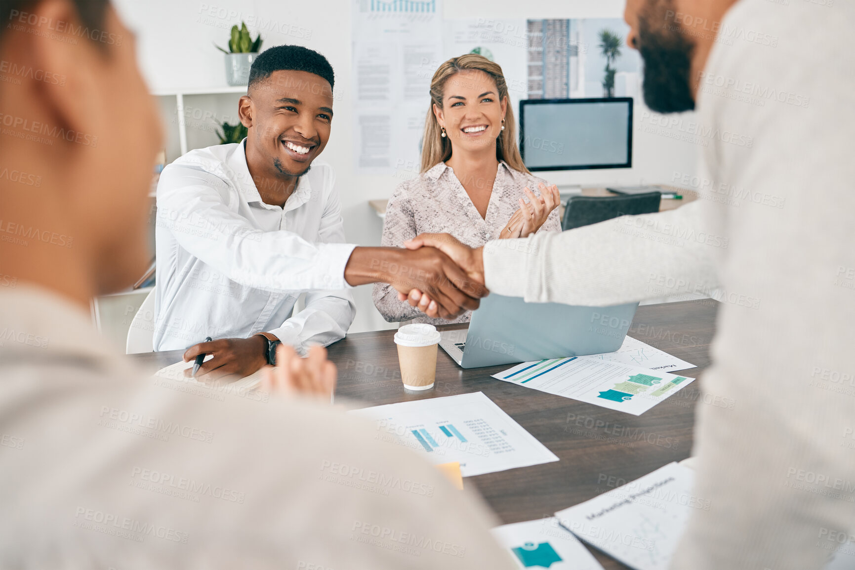 Buy stock photo Handshake, finance and accounting with a diversity couple talking to a financial consultant during a meeting. Thank you, money and investment with a man and woman in discussion with an advisor