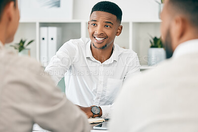 Buy stock photo Black man, executive group and handshake in agreement, negotiation and smile for contract at office. Corporate leader, african businessman and shaking hands in office for success, deal and proposal