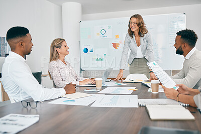 Buy stock photo Coaching, presentation and review with business people in meeting for idea, planning and marketing strategy. Training, teamwork and infographic chart with employee in workshop for data and goals  