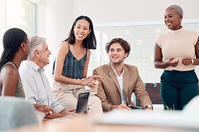 Buy stock photo Team, business meeting and happy with planning, brainstorming or discussion in executive lounge. Diversity, teamwork and company vision with business people, leader and laptop for strategy in finance