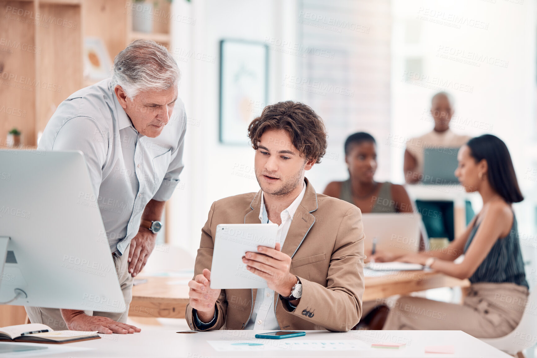 Buy stock photo Help, coaching and man with manager at computer at tech startup with team leader and quality assurance for staff. Businessman, management and leadership helping at creative agency or digital industry