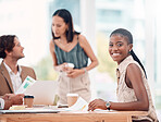 Black woman, smile portrait and business meeting in office for creativity collaboration, marketing teamwork and happy startup employee. African woman, leadership and business people with documents