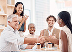 Handshake, hiring or CEO shaking hands with black woman for job interview success meeting in business office. Partnership, thank you or happy senior hr manager with hand shake for congratulations 