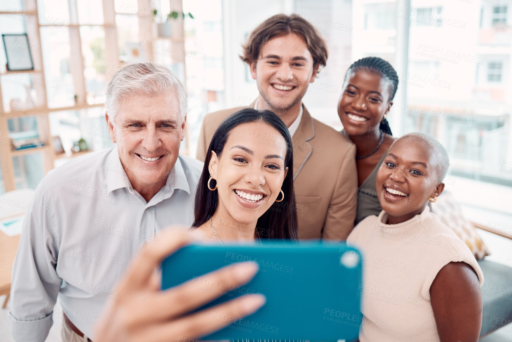 Buy stock photo Selfie, phone and business people smile in office for happiness, friends solidarity and teamwork collaboration. Diversity, smartphone photography and workplace support, partnership and happy success