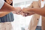 Business people, hands or fist bump for team building, collaboration support or office teamwork for mission goals, target or motivation. Zoom, men or women with solidarity fist gesture or growth deal