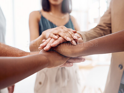 Buy stock photo Teamwork, support and stack of hands of business people for community, trust and collaboration in office. Diversity, motivation and hands together of group of workers for agreement, goals and growth