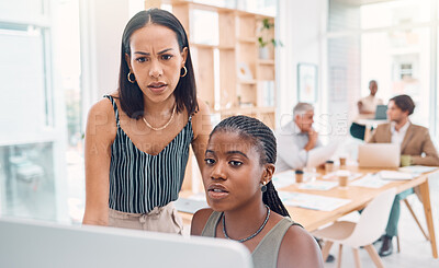 Buy stock photo Office, black woman team and confused with laptop, 404 glitch or mentor for help, IT or advice. Startup, women and support for computer error, information technology or teamwork at marketing agency