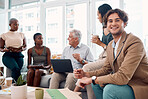 Businessman, teamwork meeting and portrait on sofa in office for creativity, marketing analysis and happy employees planning strategy. Business people, team talking and happy creative man smiling