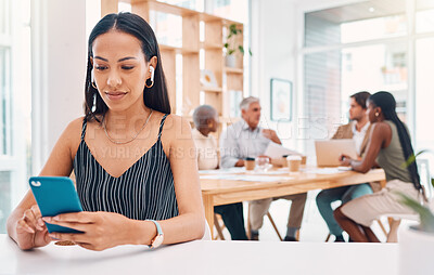Buy stock photo Office, technology and business woman with phone at desk for networking, social media and online research. Communication, smartphone and female worker typing, listening to music and writing email