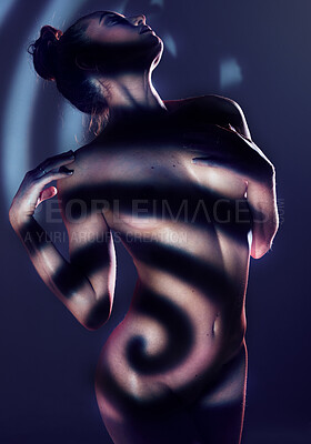 Buy stock photo Nude, sexy and silhouette of woman, art and creative aesthetic with beauty and body against studio background. Dark, seductive and art deco with skin, shadow pattern and artistic, sensual and naked.