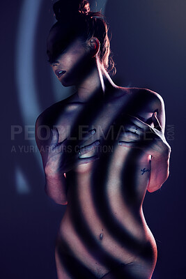 Buy stock photo Stripes, beauty and naked woman in studio for sexual desire, erotic art and body wellness on black background. Creative light, fashion and torso silhouette of nude girl in black and white aesthetic