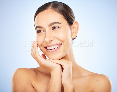 Buy stock photo Woman, face and happy thinking of beauty, skincare wellness or luxury salon spa dermatology in blue background. Facial care vision, happiness and model smile with cosmetics glowing skin in studio