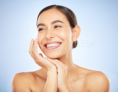 Buy stock photo Woman, face and happy thinking of beauty, skincare wellness or luxury salon spa dermatology on blue background. Facial care vision, happiness and model smile with cosmetics glowing skin in studio