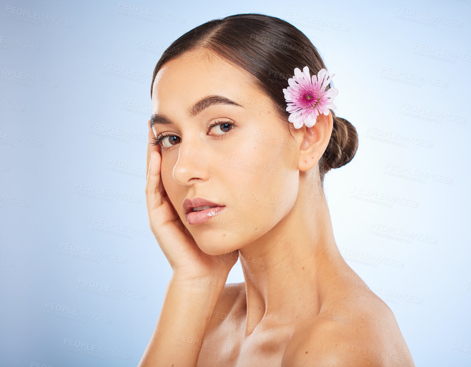Buy stock photo Woman, face and beauty portrait with flower in hair for skincare wellness or natural cosmetics dermatology in studio. Facial care, glowing skin and self care headshot with flowers in blue background