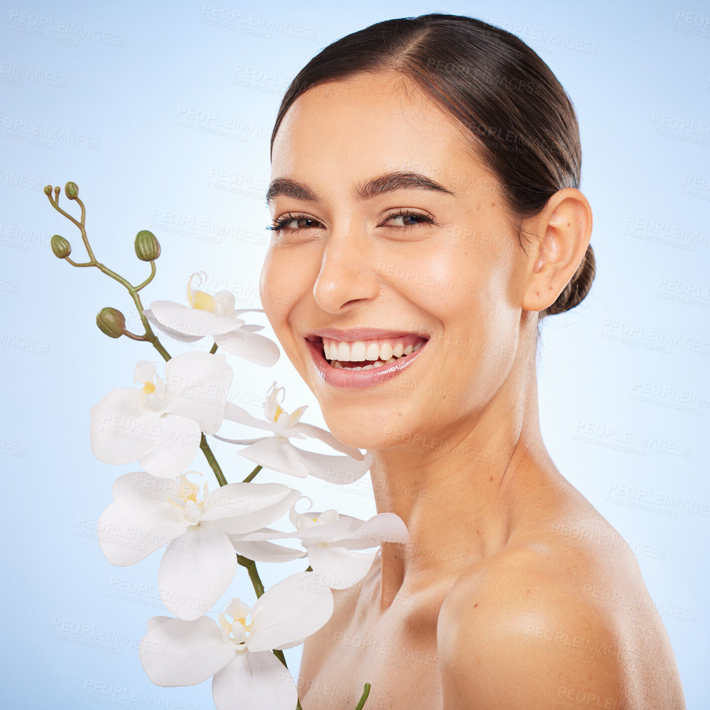 Buy stock photo Beauty, flower and nature skincare with woman, skin and face care with cosmetics portrait, organic and glow. Sustainable makeup, natural shine and healthy facial treatment against studio background.