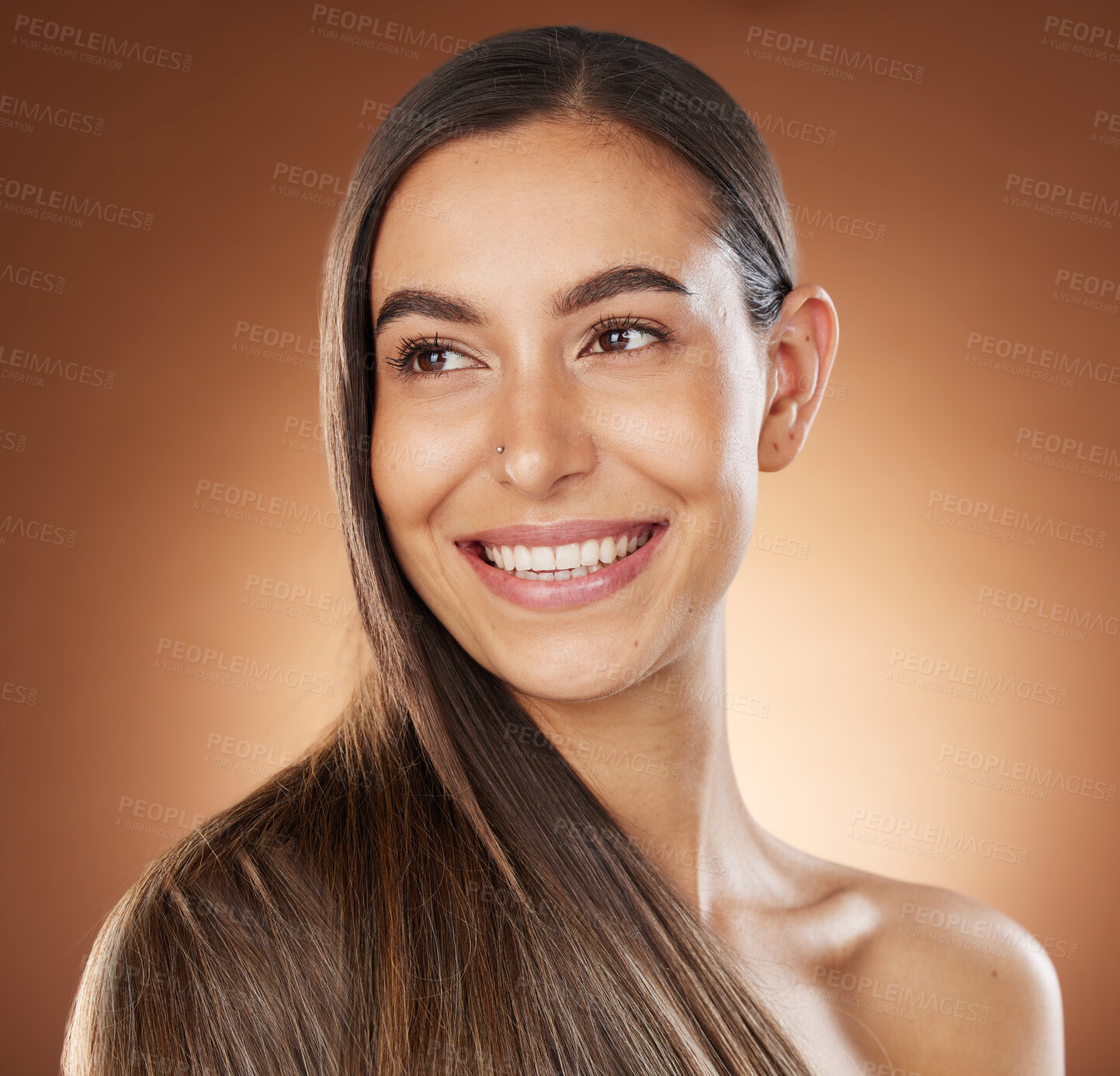 Buy stock photo Hair, beauty and skincare with a model woman in studio on a brown background for natural or keratin treatment. Face, haircare and salon with an attractive young female posing to promote a product