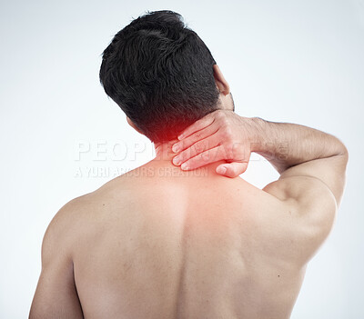 Buy stock photo Man, hands or body neck pain and glow on studio background in exercise, workout or training stress, tension or 3d muscle crisis. Abstract injury, sports athlete or fitness person in first aid burnout