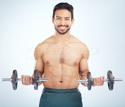 Buy stock photo Portrait, fitness or man training with dumbbell in workout or exercise in studio for strong arms, biceps or body goals. Muscles, mindset or happy bodybuilder sports athlete weightlifting with mock up