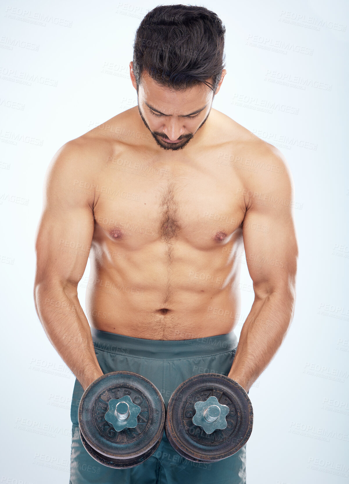 Buy stock photo Fitness, studio or strong man training with dumbbells for powerful arms, biceps growth or muscles development. Wellness, motivation or healthy bodybuilder in exercise or workout with focus or goals
