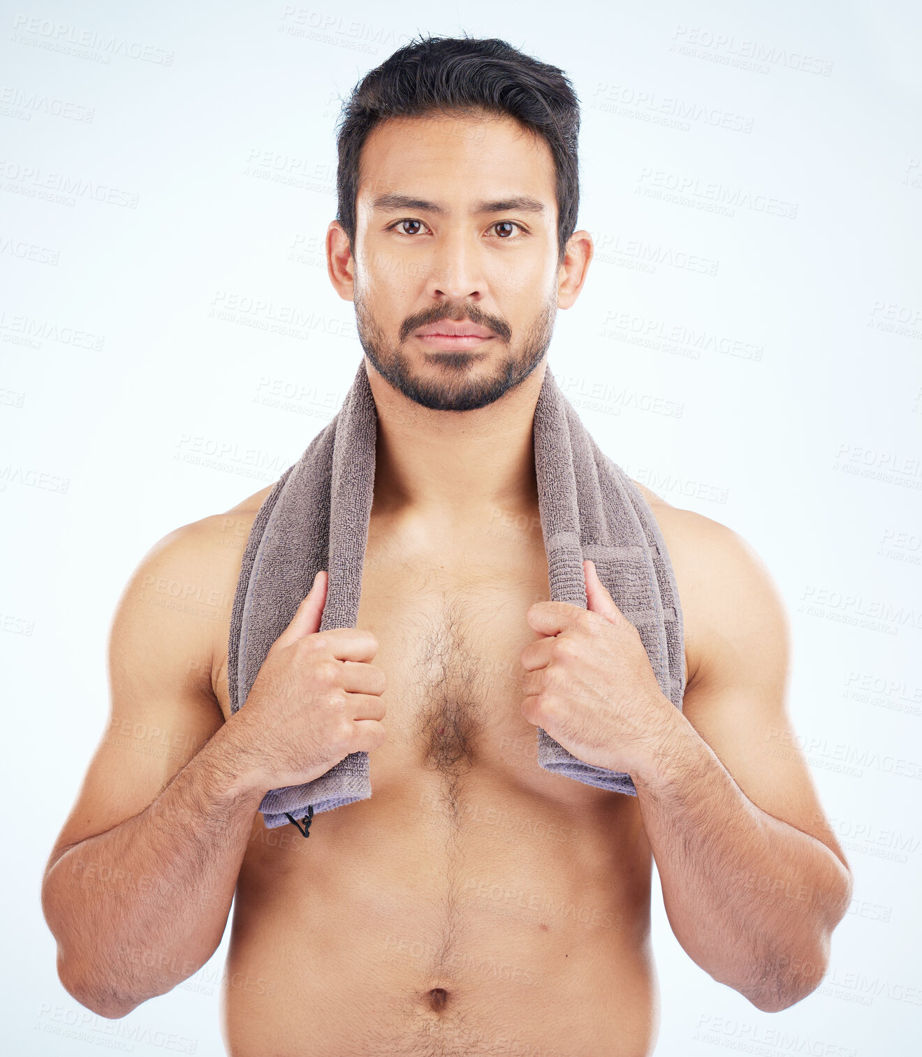 Buy stock photo Fitness, towel and portrait of a man in a studio for health, wellness and sport training for motivation. Sports, workout and guy from India after a exercise at the gym isolated by a white background.
