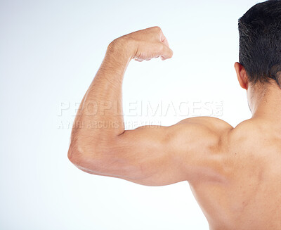 Buy stock photo Bodybuilder, muscle and closeup of bicep in studio for gym, fitness or wellness by blue background. Model, growth or development for strong, healthy flex or exercise in workout, training or body goal