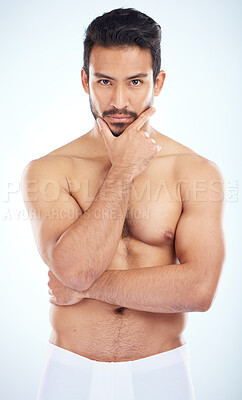Buy stock photo Fitness, portrait or man in underwear in studio with body goals on a white background with mockup space. Wellness, face or healthy model with motivation after training muscles, exercise or workout 