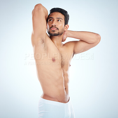 Buy stock photo Asian man, fitness vision and stretching body for exercise wellness, body care workout motivation and positive goals mindset in studio background. Sports athlete, strong healthy man and model flexing