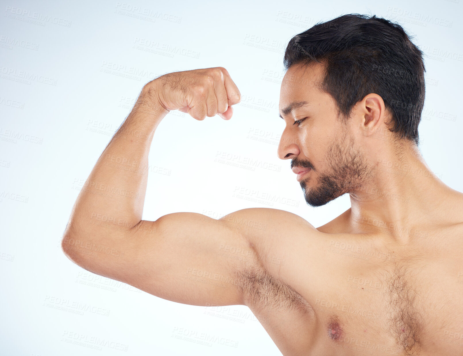 Buy stock photo Asian man, body of bicep flex on studio background in studio for muscle growth progress, healthcare wellness check or bodybuilding success. Sports athlete or bodybuilder flexing arm in fitness