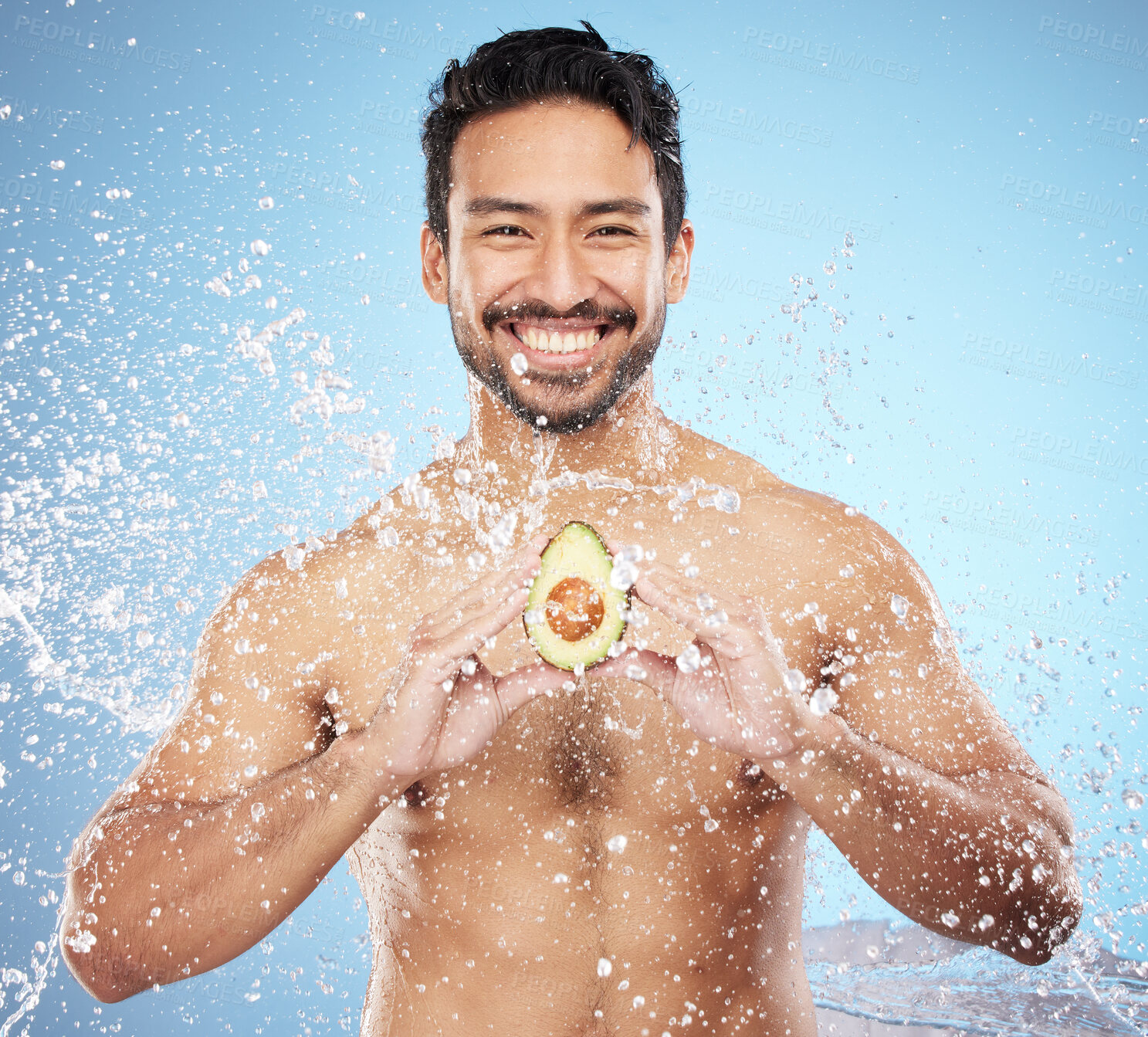 Buy stock photo water splash, avocado or portrait of man with skincare, beauty or natural organic products for a glowing body goals. Smile, face or happy male model cleaning or washing with vegan cosmetics in studio