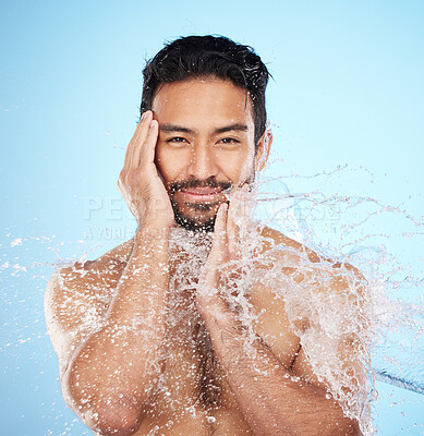 Buy stock photo Portrait, water splash or man in shower in studio cleaning his face or body for beauty, skincare or self love. Wellness, luxury or healthy male model washing body in natural grooming morning routine 
