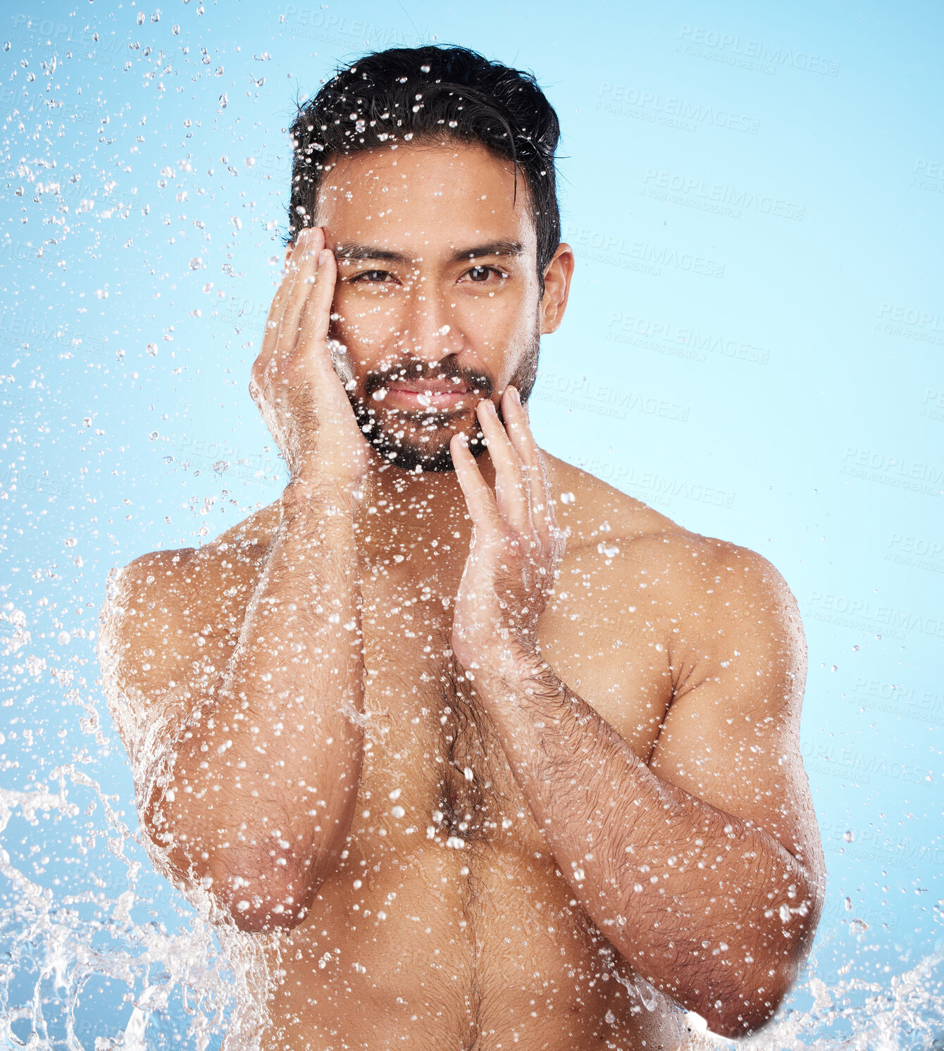 Buy stock photo Portrait, water splash or man in shower in studio cleaning his face or body for beauty, skincare or self love. Wellness, luxury or healthy male model washing body in natural grooming morning routine 