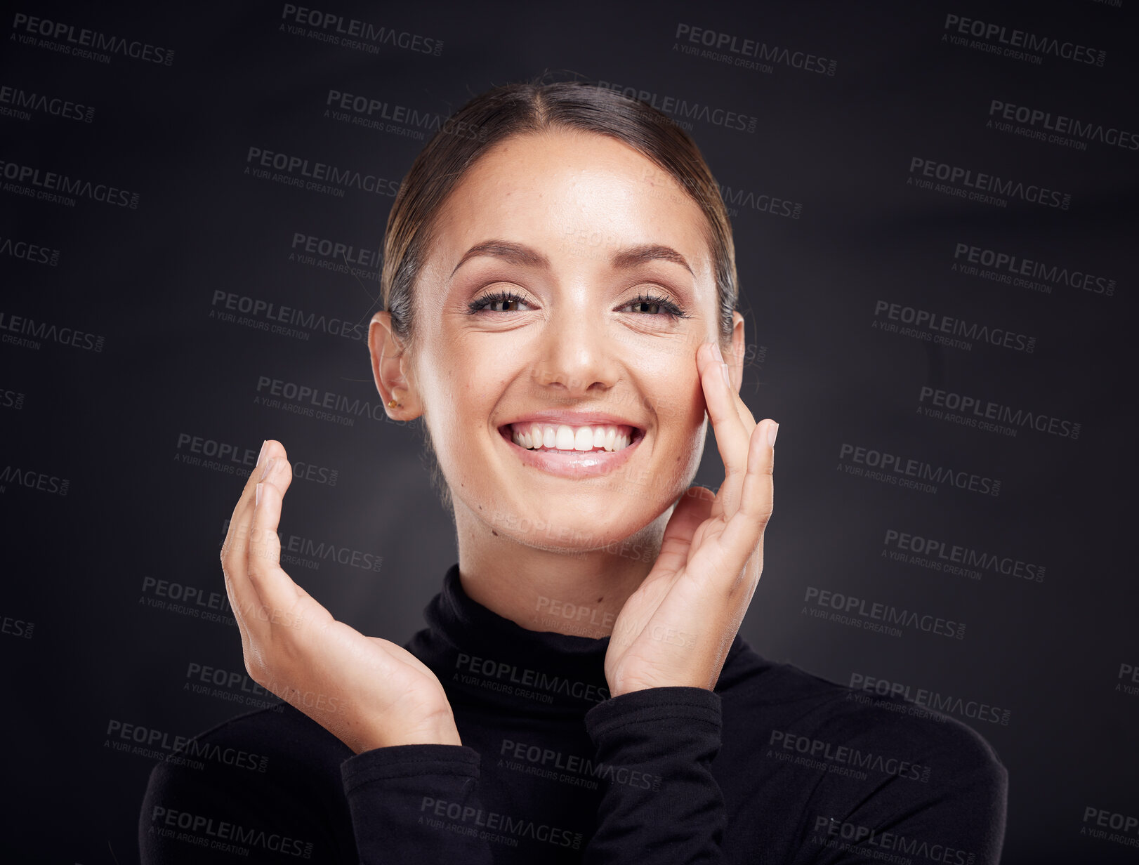 Buy stock photo Beauty, skincare and fashion with portrait of woman for facial, product and cosmetics. Dark, makeup and luxury designer with face of girl model for spa, elegant and glamour in black background studio