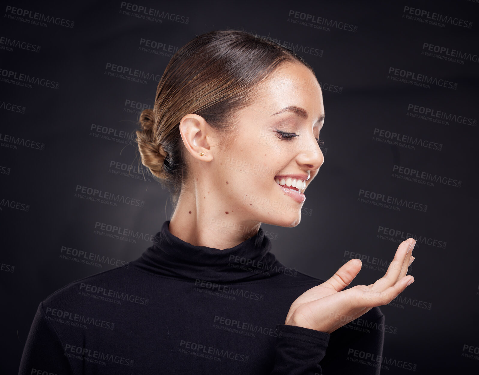 Buy stock photo Dark studio headshot, woman smile and fashion for cosmetics, beauty or skincare by black background. Happy fashion model, hand gesture or cosmetic self care for glow by backdrop with luxury clothes