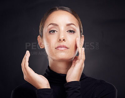 Beauty, face and skin with woman and skincare, hands and glow with natural cosmetics. Makeup, microblading and facial treatment portrait with studio background. Moisturizer, self care and wellness.