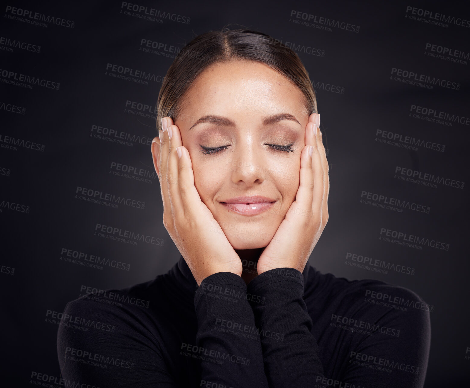 Buy stock photo Face, beauty skincare and woman with eyes closed in studio on a dark background. Makeup, cosmetics and happy female model feeling good with hands on head after spa facial treatment for healthy skin.
