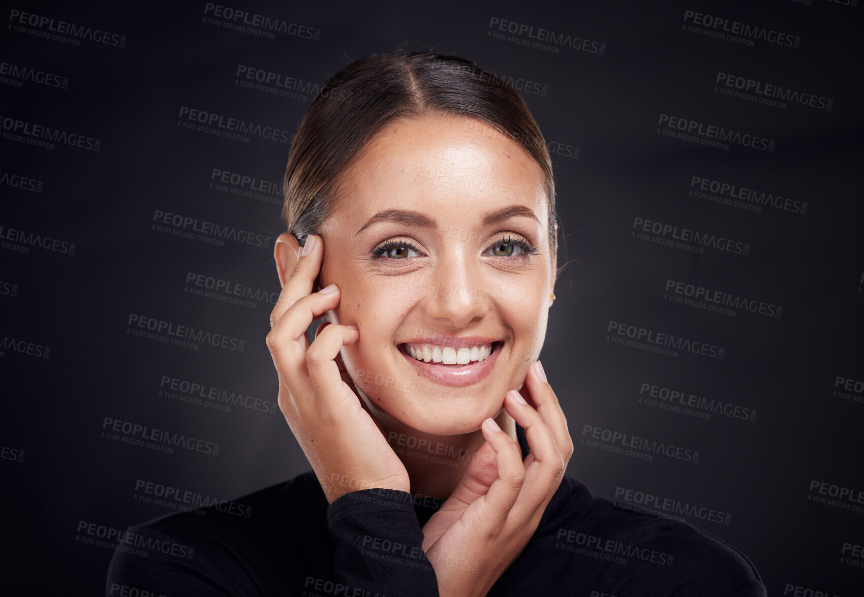 Buy stock photo Beauty, skincare and fashion with portrait of woman for facial, product and cosmetics. Dark, makeup and luxury designer with face of girl model for spa, elegant and glamour in black background studio