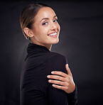 Skincare, portrait or woman in studio with a happy smile after facial grooming routine isolated on black background. Beauty glow, face or girl model smiling with marketing or advertising mockup space