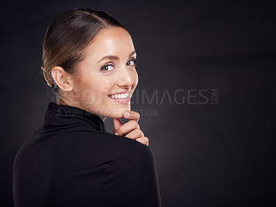 Buy stock photo Skincare, portrait or woman in studio with a happy smile after facial grooming routine isolated on black background. Beauty glow, face or girl model smiling with marketing or advertising mockup space
