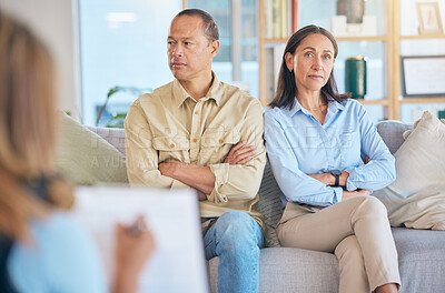 Buy stock photo Divorce, therapy and couple consulting therapist for failed marriage. Counseling, consultation and portrait of angry and sad man and woman talking with psychologist for help to save relationship.