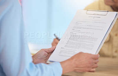 Buy stock photo Contract, deal and life insurance, hands and clipboard with agreement, reading legal document and sign paperwork. Compliance, last will and testament with safety and security in retirement or death.