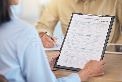 Buy stock photo Medical documents, patient with clipboard and health with insurance and contract, healthcare paperwork with hands and checklist. Health insurance, reading document for health care and personal data.
