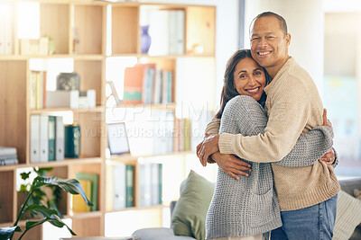 Buy stock photo House, relax or mature couple hug on a lovely, peaceful or calm holiday vacation or weekend in Lisbon, Portugal. Portrait, support or happy woman enjoying quality bonding time with a senior partner