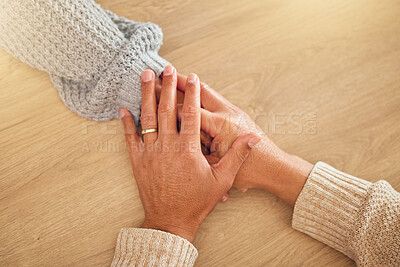 Buy stock photo Love, support or couple holding hands with hope, trust and faith in a marriage partnership commitment. Wellness, zoom or calm people with empathy, kindness or care in counseling or therapy for help