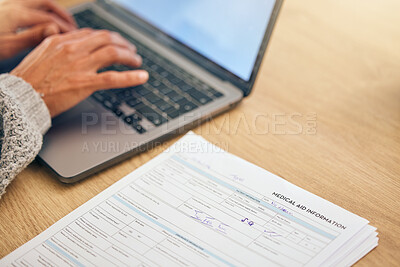 Buy stock photo Woman, hands and laptop for medical documents, healthcare insurance and typing hospital email communication online. Patient results, clinic paperwork and planning financial payment on tech device
