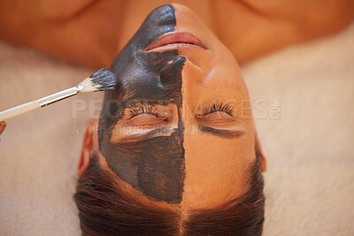 Buy stock photo Spa, woman and charcoal face mask, skincare and luxury for health, wellness and clear skin. Beauty, cosmetics and girl with organic facial, healthcare and detox for cosmetology, acne and massage.