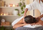 Massage, relax and peace with woman in spa for healing, health and zen treatment. Detox, skincare and beauty with hands of massage therapist on customer for calm, physical therapy or luxury in salon
