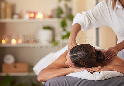Massage, relax and peace with woman in spa for healing, health and zen treatment. Detox, skincare and beauty with hands of massage therapist on customer for calm, physical therapy or luxury in salon