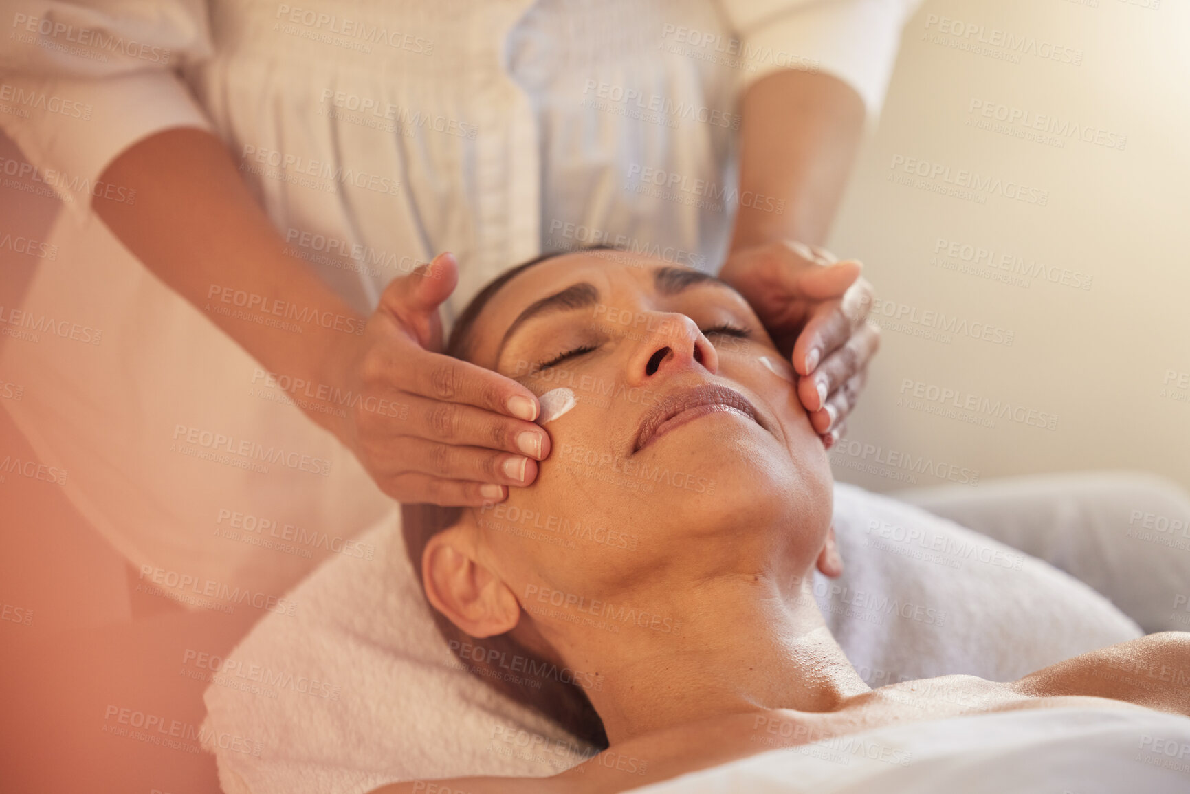 Buy stock photo Woman massage with therapist hands, facial and reiki, peace and balance with cosmetic luxury service at wellness spa. Skincare, beauty and self care with stress relief, zen and calm with masseuse.