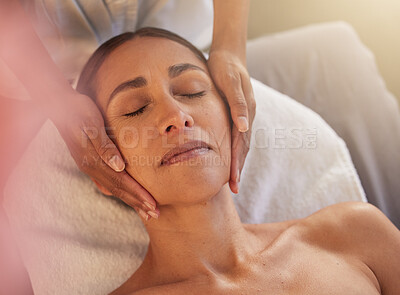 Buy stock photo Woman, face and hands for massage in beauty salon for relax physical therapy, skincare wellness and luxury spa wellness. Masseuse, facial care and dermatology therapy for smooth, glow and body care